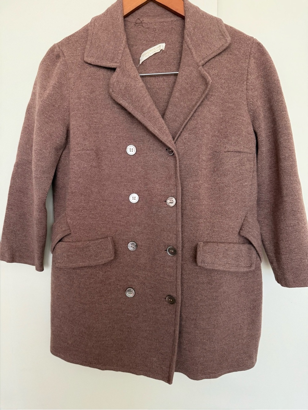 Vintage Wool Camel Beige Double-Breasted  3/4 Sleeve Sweater Blazer Cardigan M